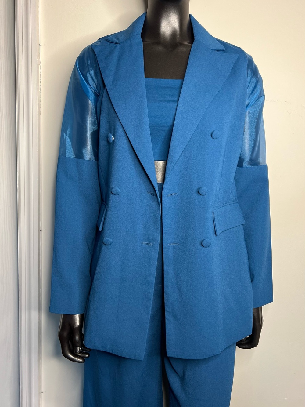 3 Pcs Suit, Blazer and Pants, Structured Double-Breasted Blue Women's Formal